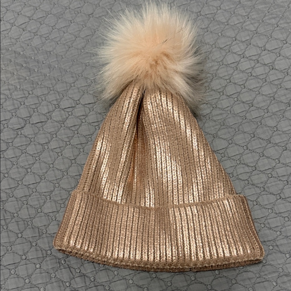 Adrienne Landau Metallic Gold Knit Hat with Fur Pom